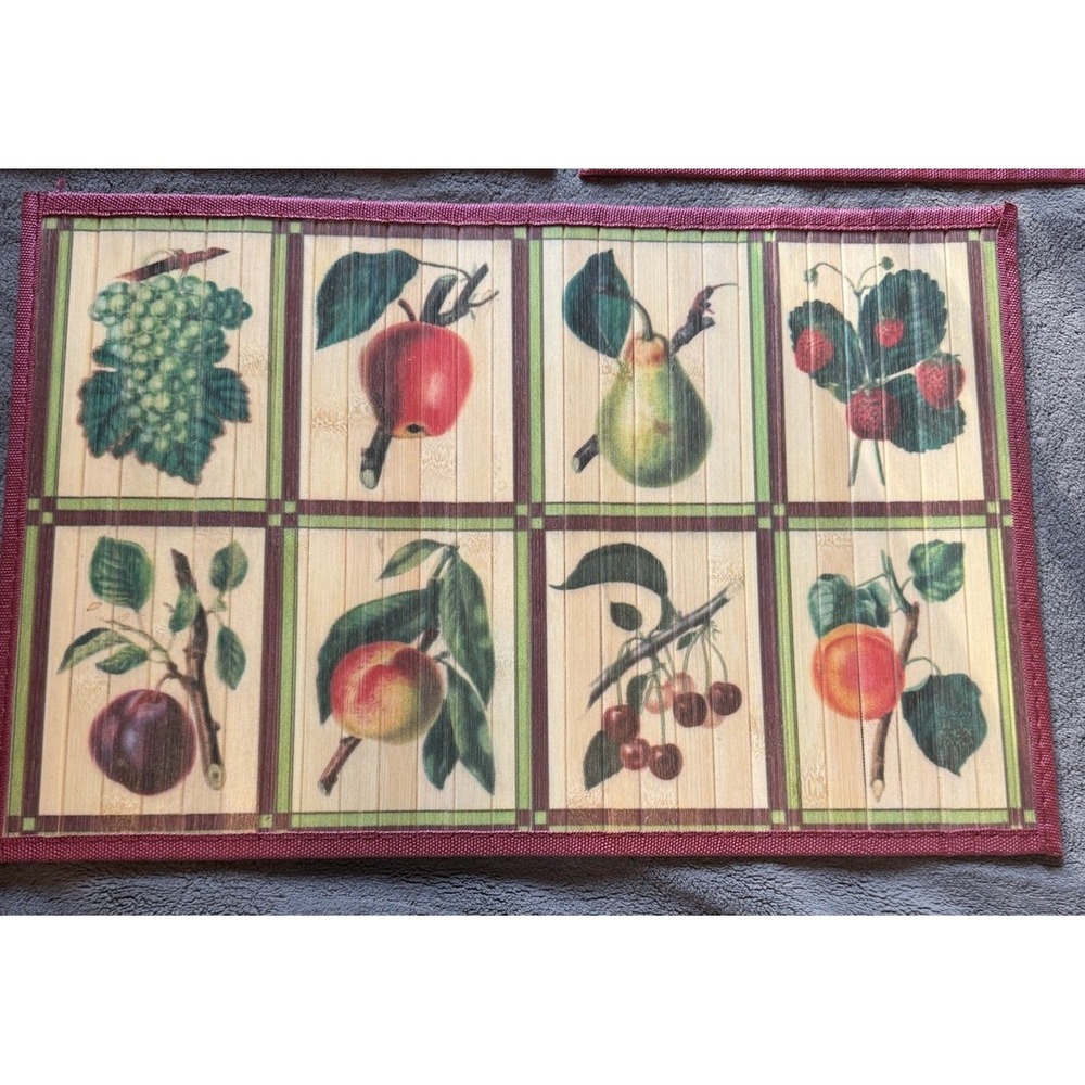 Vintage Bamboo Fruit Print Placemats Set of 9 Burgundy Trim Retro Kitchen